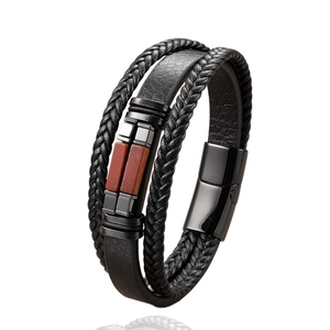 Men's multilayer braided leather bracelet with magnetic clasp and tiger eye stone inlay