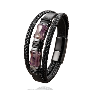 Bracelet multicouche en cuir pour homme avec pierres d'améthyste et fermoir magnétique