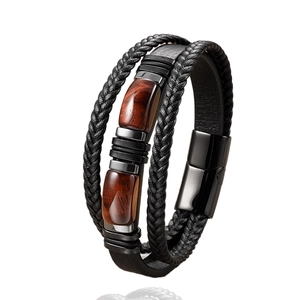 Bracciale da uomo in pelle a tre strati con perle occhio di tigre e chiusura magnetica