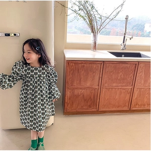 Robe à manches longues pour filles avec motifs floraux géométriques verts et jaunes