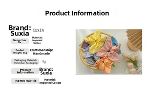 Detail of handmade cotton scrunchies in pastel colors with product specifications table