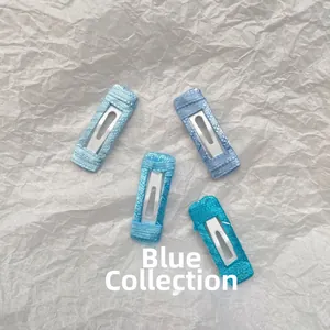 Set of four handmade blue ribbon wrapped square BB clips for hair styling accessories