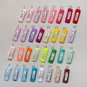 Matrix display of 32 colors of 3cm square ribbon wrapped BB clips for DIY hair accessories