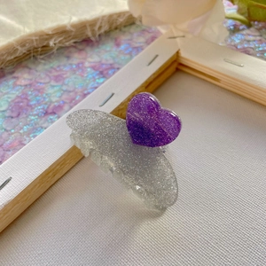 Sparkly purple heart hair claw clip in silver translucent finish for women styling