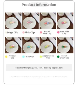 Detail of 4cm candy-colored hair clips with hearts and flowers in various pastel shades