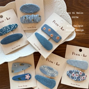 Koreanischer Stil Blaue Florale Stoff Haarklammern Set Für Damen Mädchen Handgemachte Stickerei Gittermuster BB Clips Haarschmuck