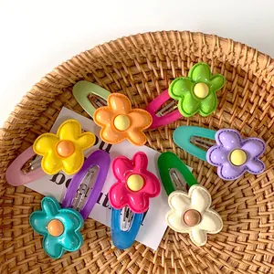 Sweet Cute Flower Hair Clips For Kids Girls Color Blocking Floral Acrylic Snap Clips Side Bangs Decorative Hairpins