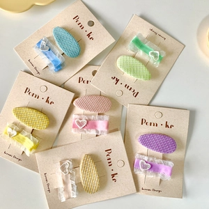 Macaron color lace and plaid girls hair clip set in sweet Japanese style and soft pastel tones