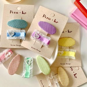 Pastel candy color lace and plaid fabric hair clips set for girls in Korean design