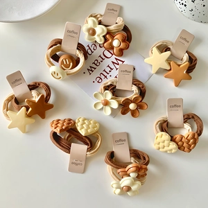 Koreanischer Stil Kaffeetöne Hochelastische Haargummis Set Süße Stern Blume Herz Smiley Gesicht Dekor Haarbänder Damen Kinder Schmuck