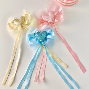 Set of three sweet mesh bow hair clips with long ribbons and sequin heart charms