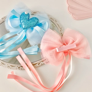 Pink and blue sweet bow hair clips with long ribbons and heart pearls for girls
