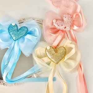 Sweet girls' hair clips with mesh bows, long streamers, and glitter heart pearls in three colors