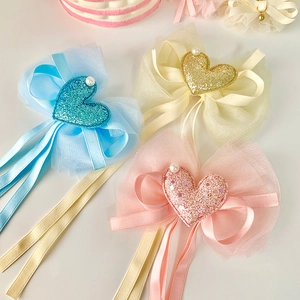 Sweet Kids Bowknot Hairpin Heart Sequin Long Tassel Ribbon Hair Clip Princess Faux Artificial Pearl Organza Satin Streamer Hair Accessory