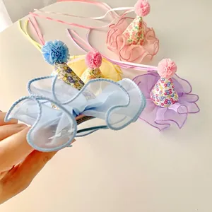 Mini Party Hat Hair Clip For Girls Cute Floral Pattern Organza Ruffles Plush Ball Princess Hair Accessory For Birthday Party