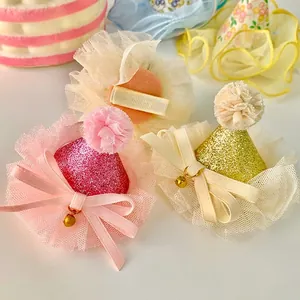 Sparkly sequin party hat hair clips for kids with delicate lace and golden bells