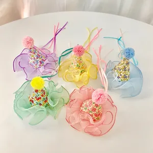 Colorful mini cone hair clips with floral patterns and soft tulle lace for girls