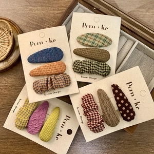 Korean style plaid and knit fabric BB hair clip set with diverse retro patterns