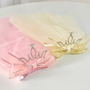 Cute girl princess crown hair clip with mesh veil in pink and champagne gold