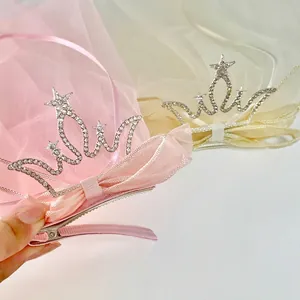 Cute children's crown hair clips with mesh veil and rhinestones for princess styling