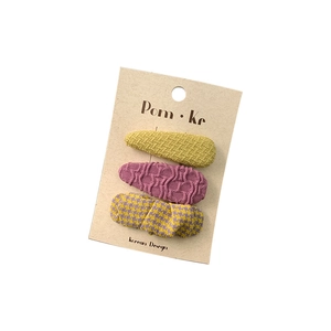 Cute Korean style three-piece fabric plaid BB hair clips on a beige card display