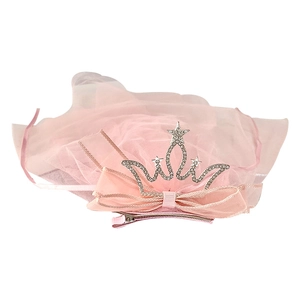 Pink tulle princess crown hair clip with rhinestones and ribbon for girls' parties