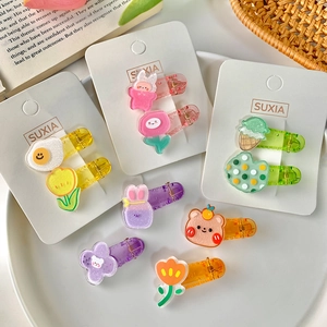 Set of cute cartoon bunny and flower hair clips in transparent candy colors for little girls
