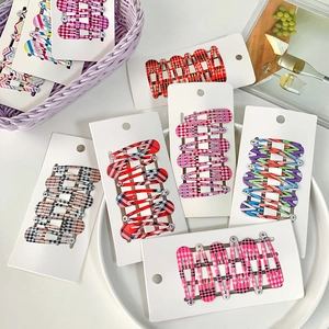 Set of 6 cute 5cm printed BB hair clips in checkered patterns on white display card