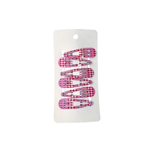 Set of 6 cute pink plaid metal snap hair clips for girls on white display card