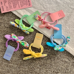 Five-pack set of cute floral and solid color bow hair ties for girls in multiple colors