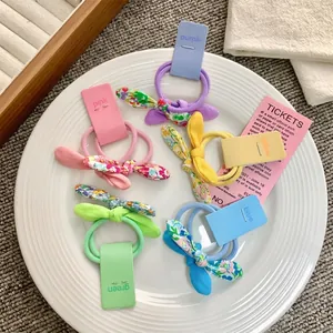 Sweet Children Fabric Floral Bow Rabbit Ear Hair Ties For Girls Korean Style Elastic Hair Bands Handmade Hair Accessories