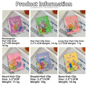 Detailed view of colorful heart and star shaped hair clips in various bright candy colors