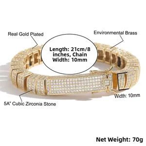 Macro view of 10mm gold plated cuban link chain with 5A cubic zirconia stones
