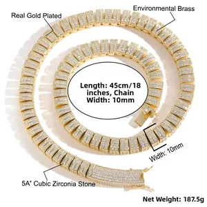 Close-up of 10mm 18K gold plated brass bamboo chain with 5A+ cubic zirconia stones