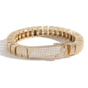 10mm gold hip hop link bracelet with micro-paved cubic zirconia and secure box clasp