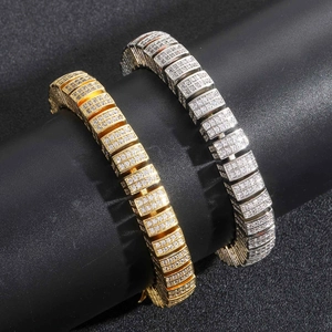 Hip hop style 10mm gold and silver iced out Cuban link bracelets with micro paved zircons