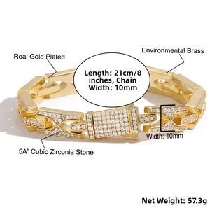 Dettaglio bracciale cubano a maglie H da 10mm in ottone placcato oro con zirconi 5A
