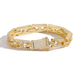 Bracciale hip hop oro con maglie a H da 10 mm, pietre di zircone e chiusura a scatola