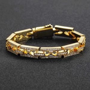 Bracciale cubano dorato da 10mm con maglie a forma di H e zirconi incastonati per uomo hip hop