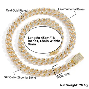 Detailed specs of 9mm gold-plated Cuban link chain with 5A+ cubic zirconia stones