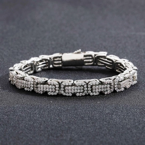 Bracciale bizantino hip hop ghiacciato da uomo con catena argentata e zirconi cubici
