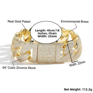 Detailed specs of 22mm wide gold Cuban chain necklace with 5A+ cubic zirconia stones