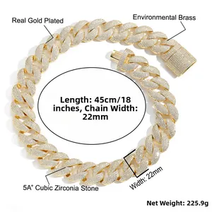 Detail view of 22mm iced out Cuban chain with 5A+ CZ zircons and gold plating