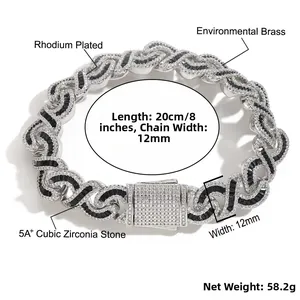 Dettaglio del bracciale cubano da 12mm in ottone rodiato con zirconi cubici 5A neri