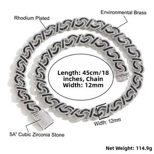 Detail van de 12mm Hip Hop Cubaanse ketting met zwarte zirkonia en rhodium plating afwerking