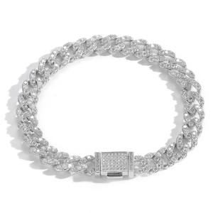Close-up of 9mm silver Cuban link chain with micro-pave zircons and folding clasp