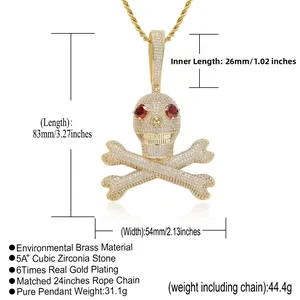 Detailed view of hip hop skull and crossbones pendant with red zircon eyes and 24-inch chain