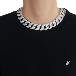 Close-up of 22mm silver Cuban link chain with 5 rows of micro-pave cubic zirconia crystals