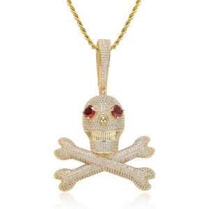 Hip Hop Red Eyed Skull Crossbones Pendant Necklace Shiny Zirconia Inlaid Copper Gold Silver Plated Men Streetwear Jewelry