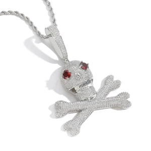 Hip hop skull crossbones pendant necklace with red eyes and micro-set cubic zirconia crystals